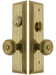 Manhattan F20 Function Mortise Lock Entryset in Antique Brass with Left Hand Waverly Knobs, and Stop/Release Buttons.